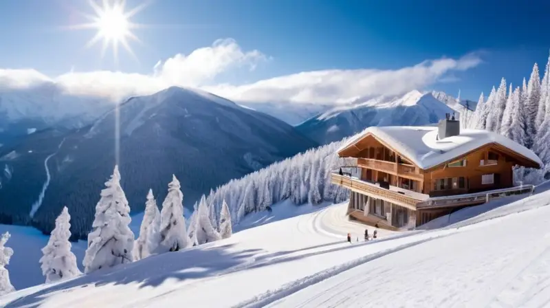 Un paisaje invernal con esquiadores en coloridos trajes deslizándose por pendientes nevadas bajo un cielo azul