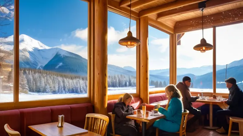 Cafetería de madera acogedora con grandes ventanales