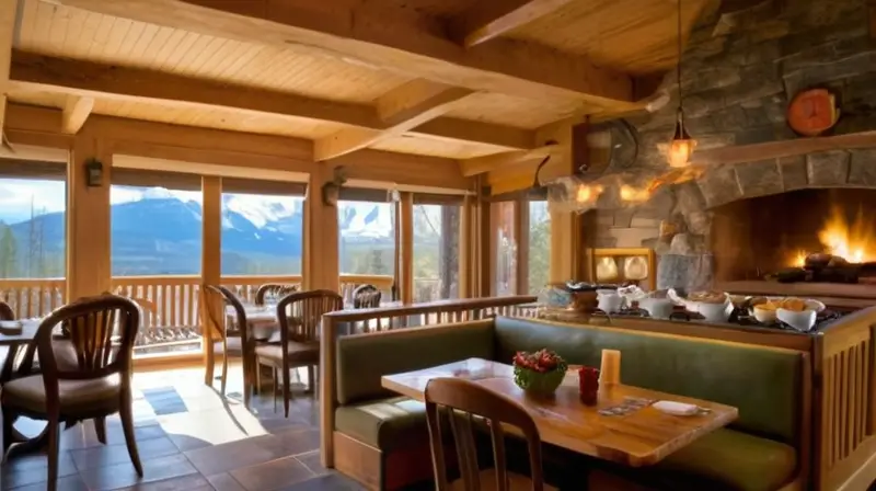 Cafetería de madera acogedora con vistas a montañas nevadas, luz cálida, mesas a cuadros y un ambiente animado