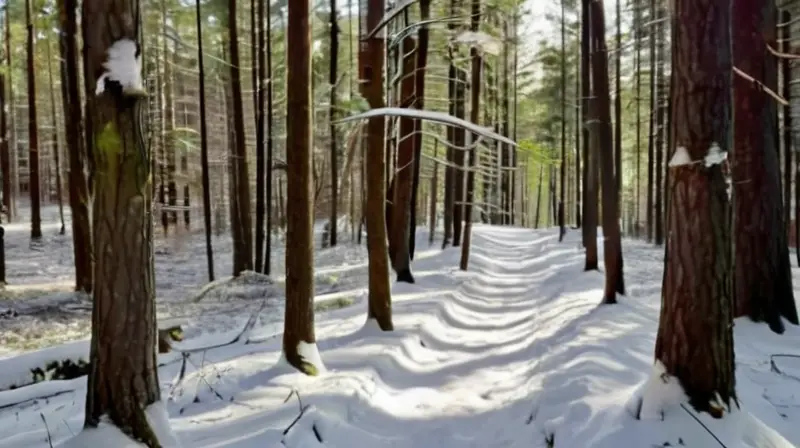 Un sendero nevado en un bosque denso ofrece un paisaje sereno y armonioso de árboles cubiertos de nieve, luz suave y montañas distantes