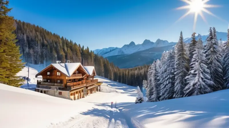 Un paisaje invernal sereno con montañas nevadas, esquiadores coloridos y acogedoras cabañas de madera