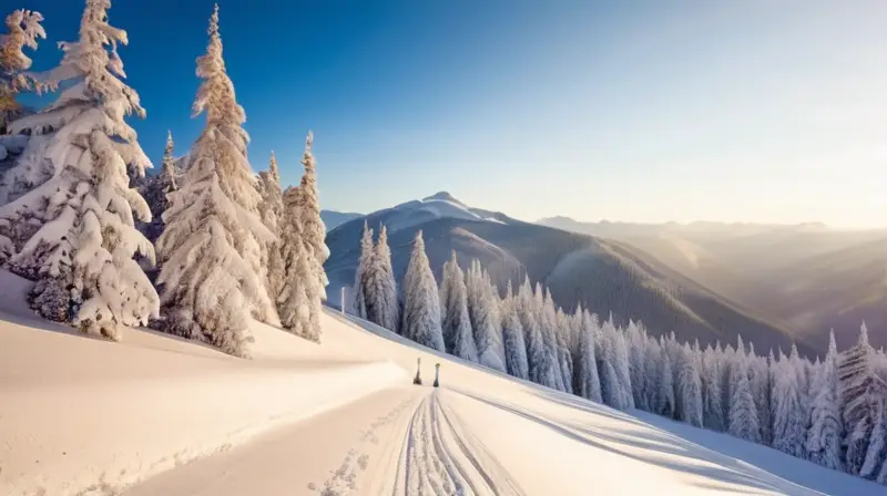 Un idílico paisaje invernal con nieve, esquiadores coloridos y un acogedor chalet entre árboles