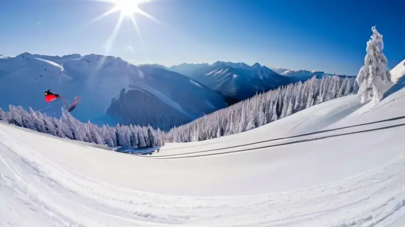 Un animado resort de esquí con esquiadores y snowboarders disfrutando de un paisaje nevado bajo un cielo azul