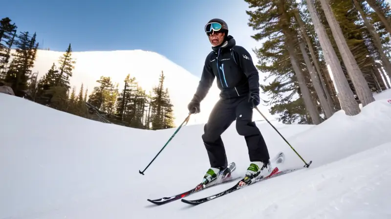 Felipe VI esquiando en una montaña nevada bajo un cielo azul, disfrutando del momento en un paisaje invernal sereno