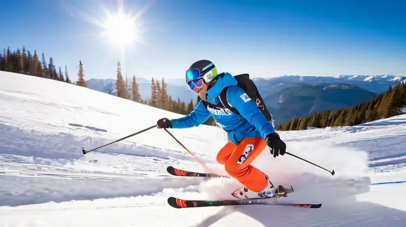 Clement Noel esquiando enérgicamente con un traje azul vibrante, rodeado de nieve brillante y montañas, mientras los espectadores disfrutan del momento