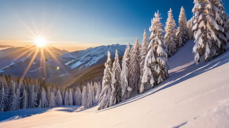 Un paisaje invernal de montañas nevadas, esquiadores en acción y cabañas acogedoras bajo un cielo azul