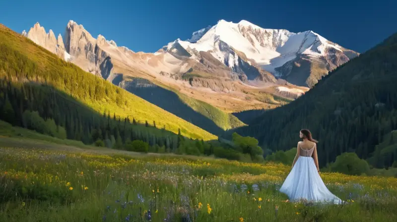 Un valle verde con montañas nevadas, flores silvestres, un cielo azul y La Diosa Culibillas rodeada de hormigas blancas en un paisaje armonioso