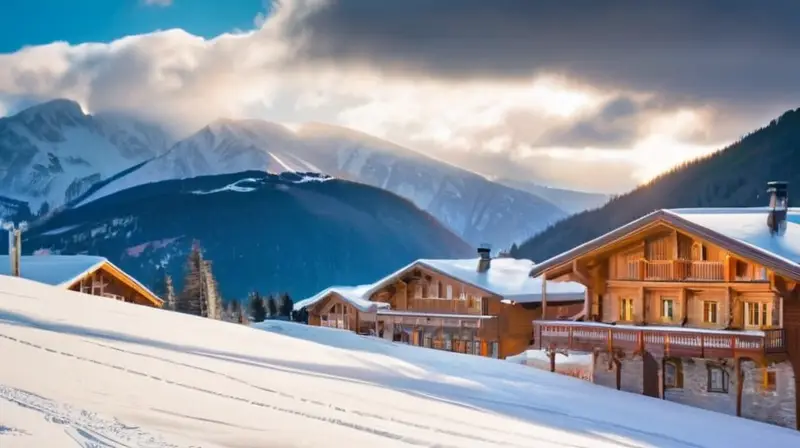 Un paisaje invernal idílico con montañas nevadas, chalets rústicos, esquiadores coloridos y un ambiente acogedor