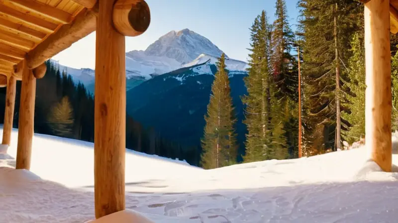 Un paisaje invernal de montañas nevadas, un refugio acogedor entre pinos y esquiadores en acción, que evoca tranquilidad y aventura