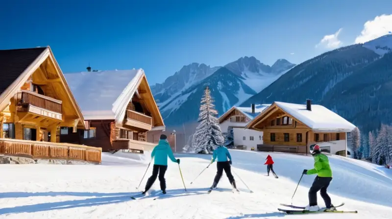 Un paisaje invernal vibrante con esquiadores, montañas, cabañas acogedoras y un ambiente animado de après-ski