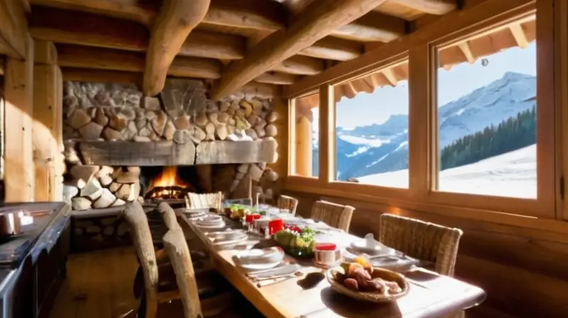 Un paisaje invernal vibrante con montañas nevadas, esquiadores coloridos, un acogedor chalet y deliciosa comida austriaca