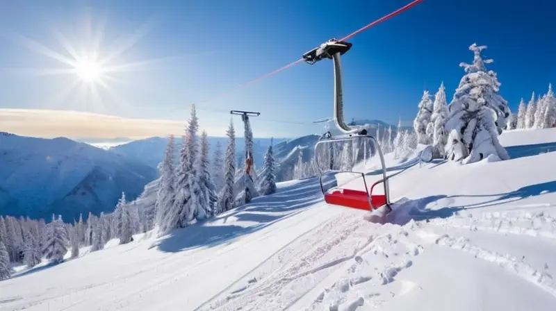 Un paisaje invernal con pistas nevadas, esquiadores en acción y un moderno telesilla bajo un cielo azul