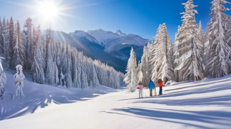 Un paisaje nevado con esquiadores, árboles cubiertos de nieve y cabañas, que refleja una armonía entre la naturaleza y la actividad humana