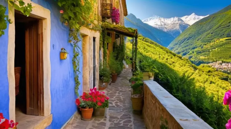 Un pintoresco pueblo con casas de piedra, calles empedradas, flores coloridas y un ambiente vibrante lleno de historia