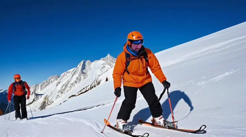 Un grupo de rescatistas en una montaña nevada atiende a un esquiador herido bajo un cielo azul y soleado