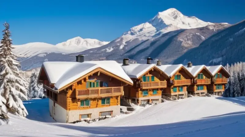 Un paisaje invernal con esquiadores en colorido equipo, cabañas acogedoras y un ambiente alegre de aventura