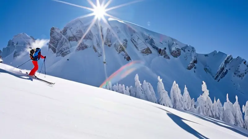 Un paisaje montañoso cubierto de nieve con esquiadores en acción bajo un cielo azul brillante