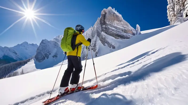 Un paisaje invernal con montañas nevadas, esquiadores en acción y un ambiente sereno y vibrante