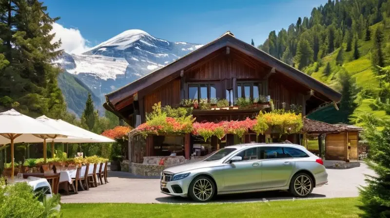 Un coche plateado recorre una carretera montañosa rodeada de valles verdes y un restaurante rústico donde se disfrutan comidas y risas bajo un cielo azul