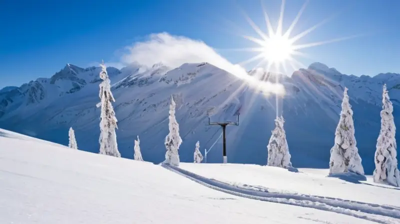 Un paisaje invernal con picos nevados, esquiadores vibrantes en acción y cabañas acogedoras bajo un cielo azul