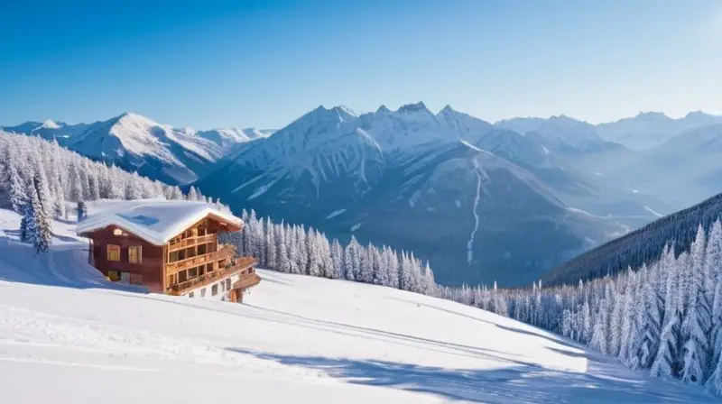 Un paisaje invernal vibrante con esquiadores, montañas, cabañas acogedoras y un ambiente de aventura