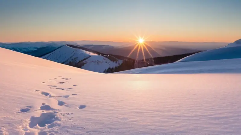 Un paisaje invernal sereno con nieve brillante, suaves colinas, sombras, huellas y un cielo azul claro