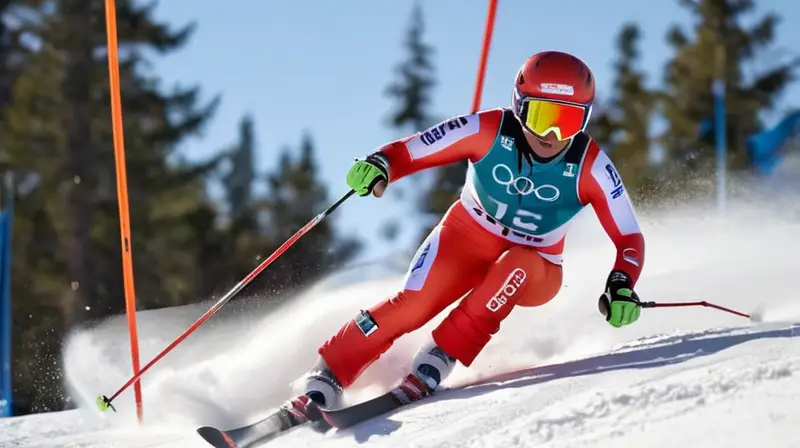 Manuel Feller compite en una pista de esquí nevada bajo un cielo azul, rodeado de montañas y espectadores emocionados