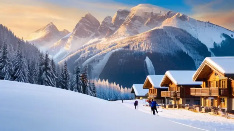 Un paisaje invernal vibrante con montañas nevadas, esquiadores coloridos y cabañas acogedoras bajo un cielo azul