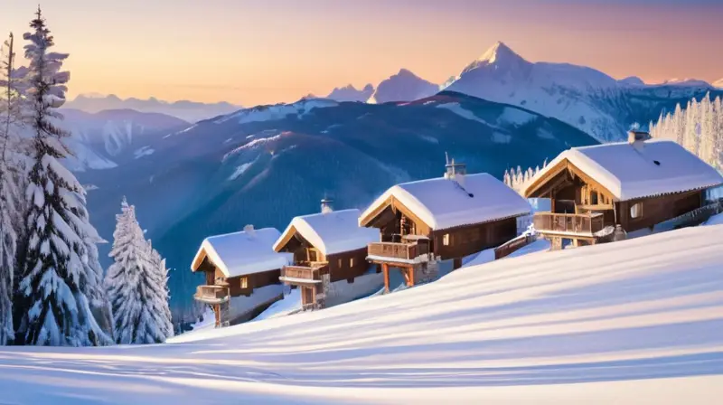 Un paisaje invernal idílico con montañas nevadas, esquiadores vibrantes y cabañas acogedoras