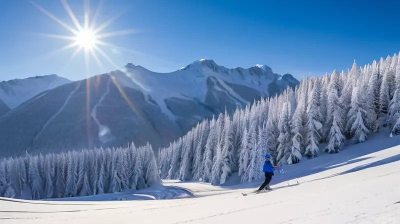 Un paisaje invernal con montañas nevadas, esquiadores coloridos, cabañas de madera y un ambiente animado