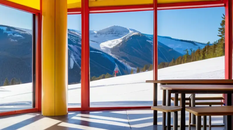 Un moderno McDonalds rodeado de un paisaje montañoso nevado y esquiadores, con un cielo azul y un ambiente acogedor