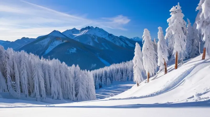 Un paisaje invernal de montañas cubiertas de nieve, esquiadores en acción y chalets de madera rodeados de árboles