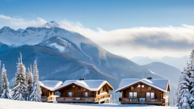 Un paisaje invernal de montañas cubiertas de nieve, pistas de esquí, árboles verdes y acogedoras cabañas, donde la naturaleza y los deportes de invierno se armonizan