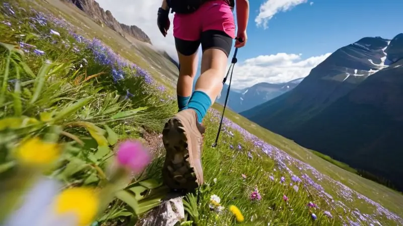 Una persona emocionada en un paisaje montañoso sostiene una cámara de acción bajo un cielo azul, rodeada de hierba verde y flores silvestres