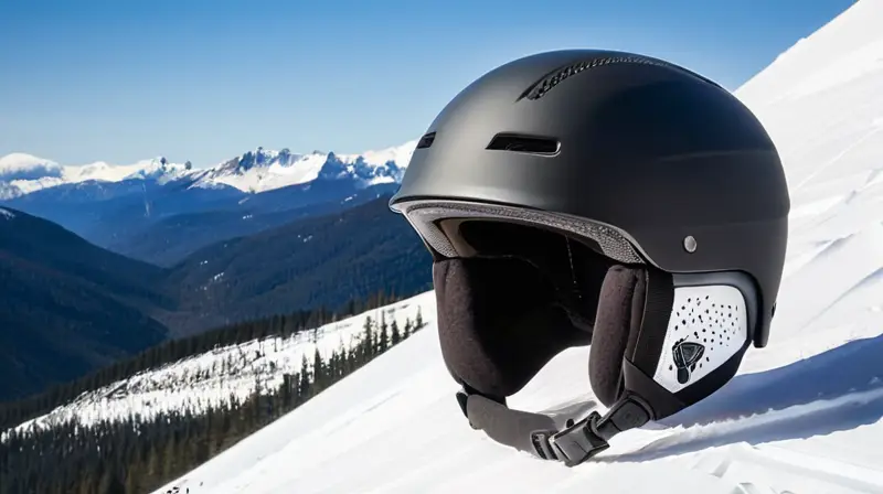 Un casco de esquí aerodinámico y elegante, negro brillante con detalles mate, que se ajusta perfectamente y cuenta con ventilación, forro de malla, acolchado suave y correa ajustable, todo en un paisaje montañoso nevado bajo un cielo azul