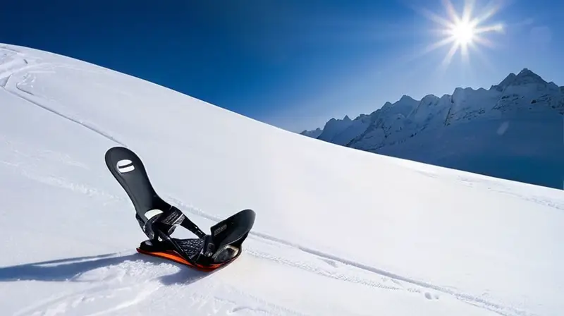 Un paisaje montañoso nevado con un cielo azul y un enfoque en una fijación de snowboard elegante y colorida