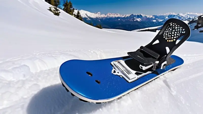 Un paisaje montañoso nevado con un enfoque en una moderna fijación de snowboard, resaltando su diseño y detalles