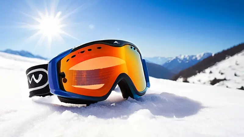 Gafas de esquí elegantes sobre la nieve, con un marco negro brillante, lentes espejados y detalles intrincados