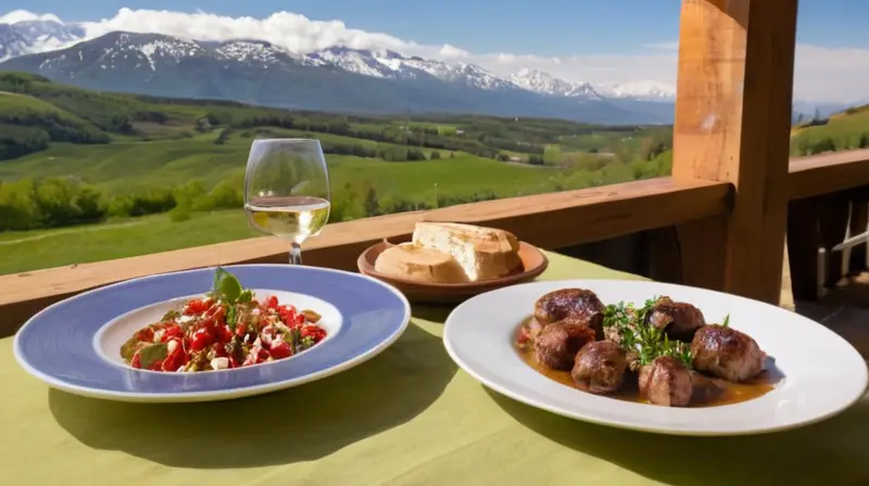 Una mesa rústica con tapas coloridas y vino en un ambiente acogedor rodeado de un hermoso paisaje