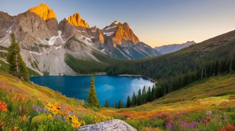 Un paisaje natural impresionante con valles verdes, montañas, flores, senderos, lagos y una atmósfera serena