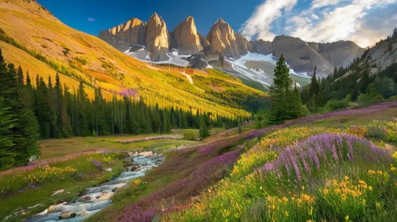 Un paisaje montañoso impresionante con senderos, flores silvestres, y un ambiente sereno invita a la aventura