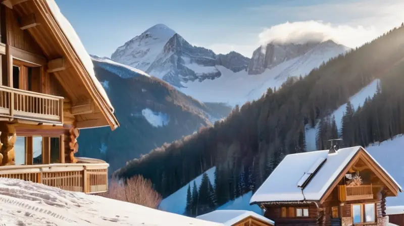 Un paisaje invernal de montañas cubiertas de nieve, chalets rústicos, esquiadores coloridos y un cielo azul radiante