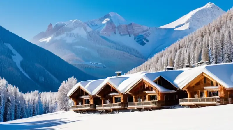 Un paisaje invernal vibrante con esquiadores en pendientes nevadas, pinos cubiertos de nieve y chalets de madera bajo un cielo azul