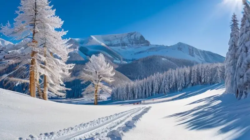 Un paisaje invernal vibrante con esquiadores en pendientes nevadas, pinos altos y cabañas rústicas bajo un cielo azul