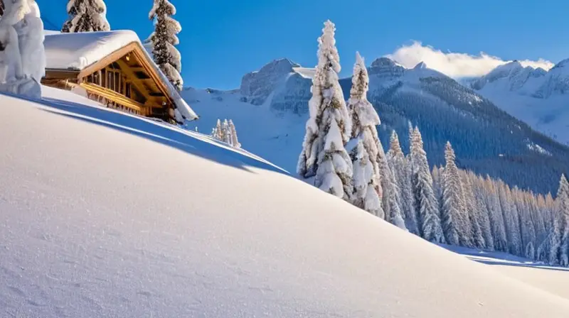 Un paisaje invernal sereno con montañas nevadas, un chalet acogedor y esquiadores en un cielo azul