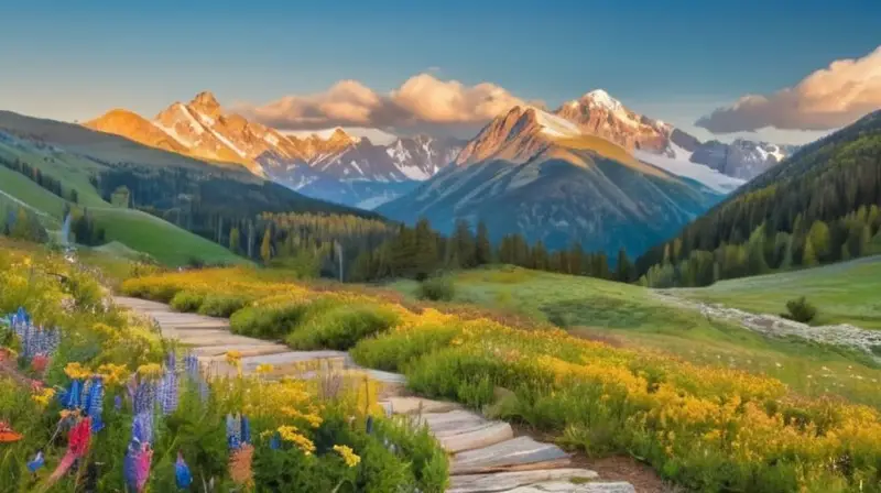 Vista panorámica de montañas nevadas, valles verdes y un cielo azul, donde la naturaleza y el diseño urbano se combinan en un ambiente acogedor