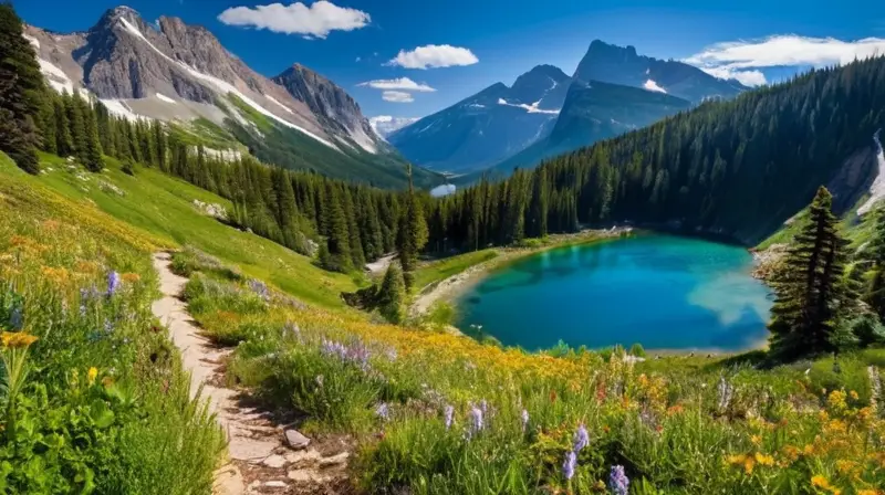 Un paisaje montañoso majestuoso con picos nevados, valles verdes, un lago alpino y una atmósfera serena