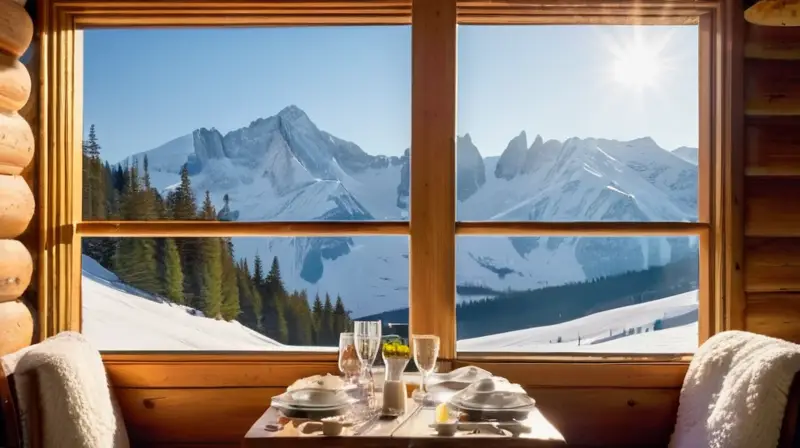 Un acogedor chalet de montaña ofrece una experiencia gastronómica de lujo en un paisaje nevado, con detalles elegantes y un ambiente cálido