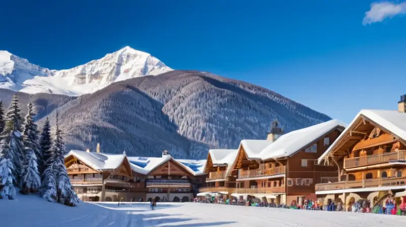 Un paisaje invernal vibrante con montañas nevadas, esquiadores entusiastas y chalets acogedores bajo un cielo azul