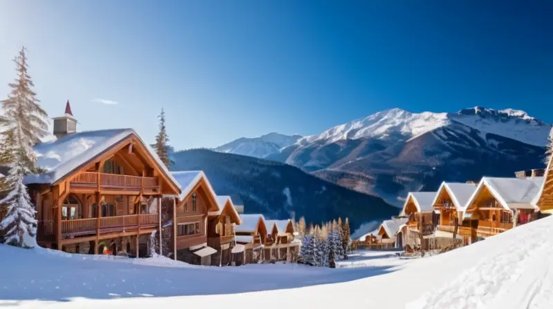 Un paisaje invernal vibrante con montañas nevadas, esquiadores felices y un ambiente festivo